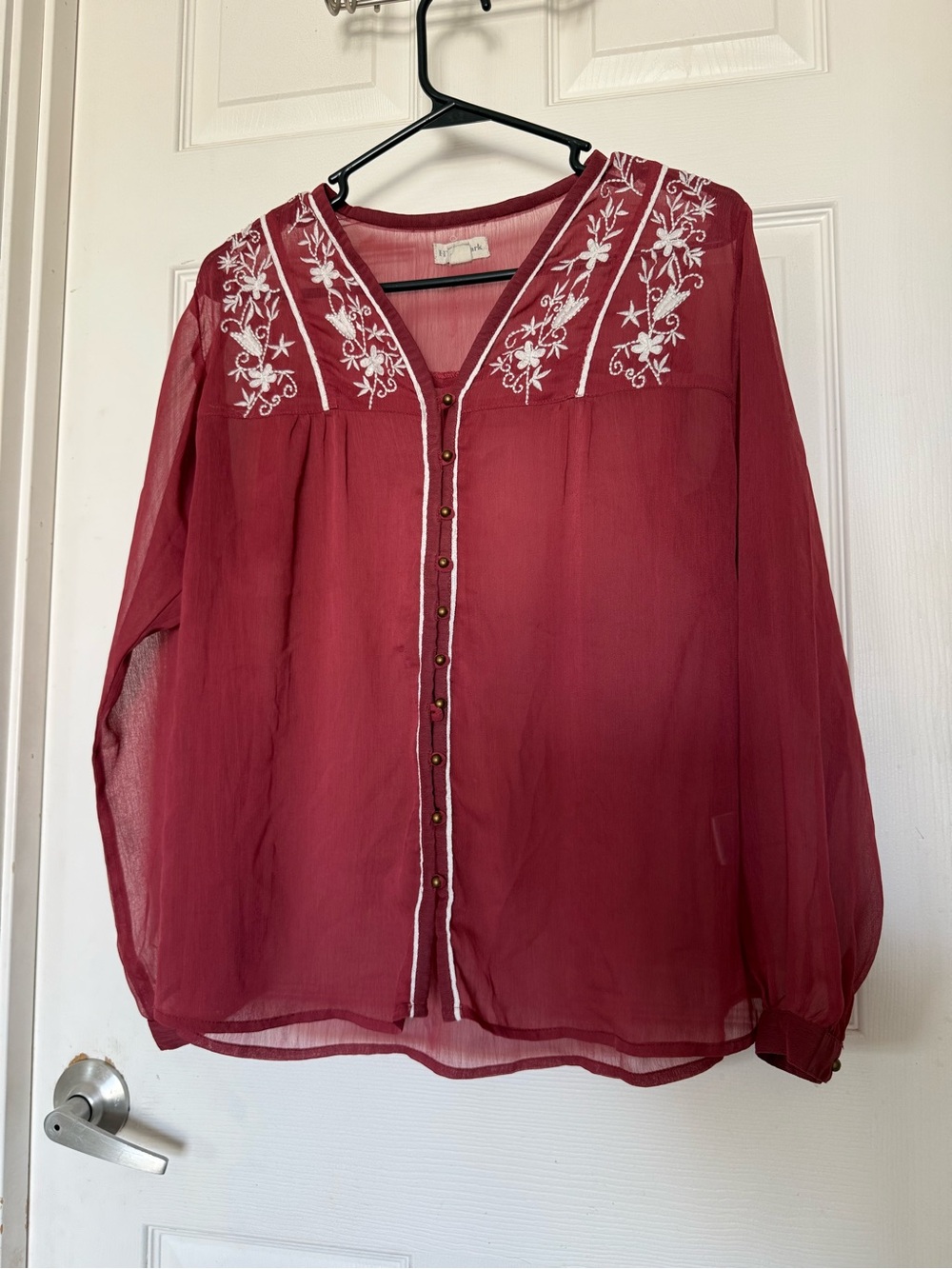 Women's Embroidered V-Neck Sheer Blouse in Burgundy